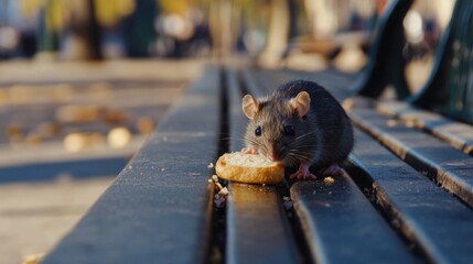 Mouse Nibbling Bread on Park Bench