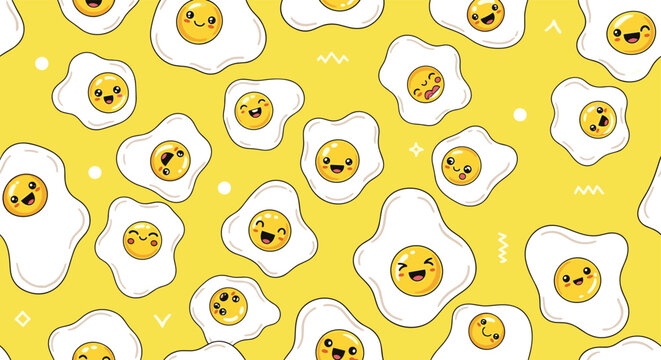 Seamless pattern of cute fried eggs with different funny faces on a bright yellow background with small symbols.