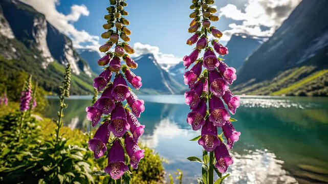 Two purple foxglove stalks bloom in foreground, with a sunlit lake and mountains behind