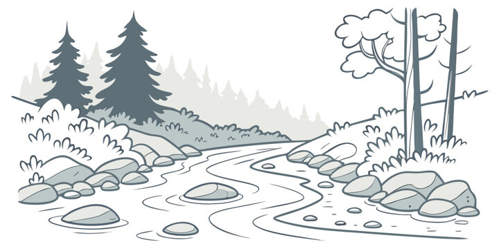 Forest Stream Flowing Over Stones Flat Vector