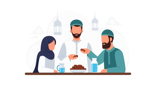 Flat vector illustration of people breaking fast during ramadan concept
