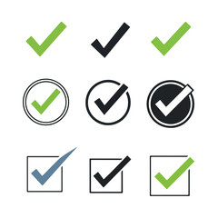 Assorted vector illustrations of checkmarks in varied shapes and colors