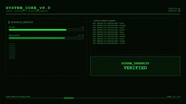 System Core V9.0 | Advanced Resource Monitoring and Secure Data Encryption Interface.