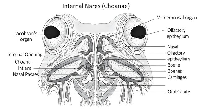 High detailed anatomical drawing of frog internal nares (choanae), frontal section highlighting Jacobson&rsquo;s organ, olfactory epithelium, nasal passages and oral cavity connections for sensory, respirat