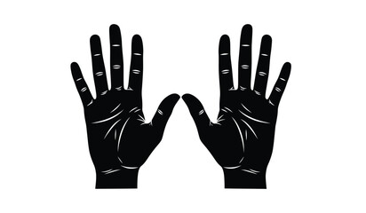 A pair of black gloves with fingers spread apart on a white background