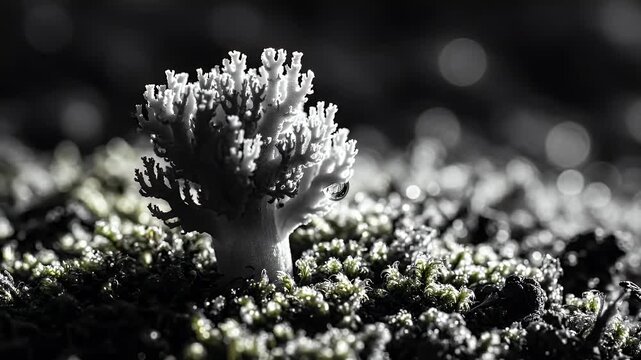 Macro view of a pale, coral-like growth with a water droplet, surrounded by moss