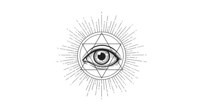 Mystical eye of providence illustration with a hexagram star and radiating sunburst rays in a classic occult style.