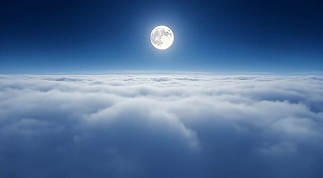 Serene aerial view of full moon shining above a sea of clouds