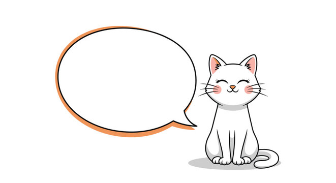 Cute white cat character sitting patiently next to large blank circular speech bubble with orange outline for customizable text or messages.