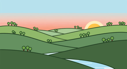 Obraz premium Cartoon landscape showing rolling hills, river, trees, and setting sun