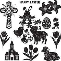 Obraz premium Happy Easter Silhouette Vector Set with Bunny, Eggs, Chicks and Spring Flowers