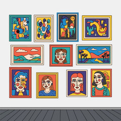 Obraz premium Cartoon-style art gallery wall with various paintings and portraits