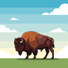 Cartoon-style depiction of a bison on green grass, under a bright, cloudy sky © PANGERANDESIGN