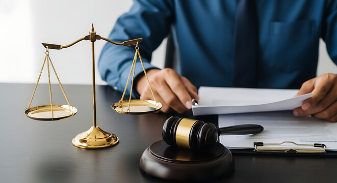 Professional wooden gavel and justice scales resting on a dark office desk with a blurred attorney in a blue shirt reviewing legal paperwork and official documents in the background.
