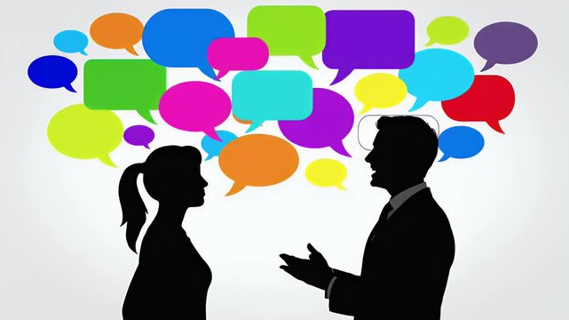 Silhouettes of a man and woman in conversation amidst colorful speech bubbles