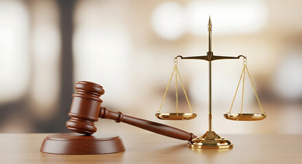 Legal Judicial Wooden Gavel and Golden Balance Scales of Justice Symbolism on Soft Blurred Background with Ample Copy Space for Law Firm Professional Concept Digital Illustration