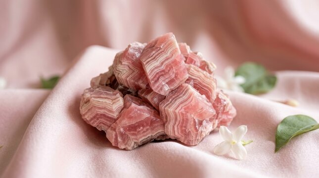Banded Rhodochrosite Crystals Cluster Displayed on Soft Pink Fabric