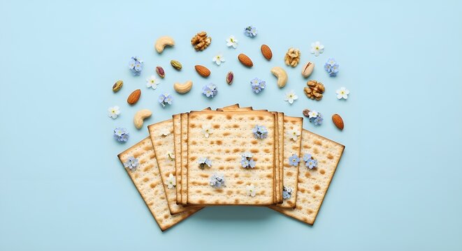 Stack of matzah crackers with assorted nuts and blue flowers