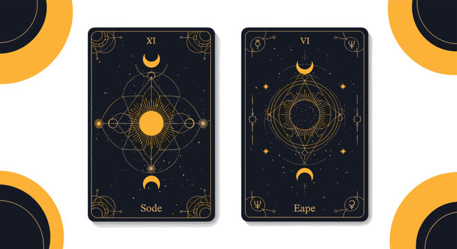 Pair of decorative tarot cards featuring celestial sun and moon motifs with ornate geometric patterns in gold on dark backgrounds.