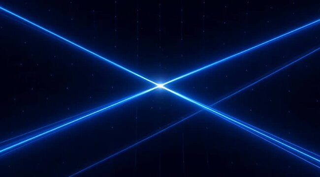 Futuristic and glowing neon blue lines cross each other in a digital grid background