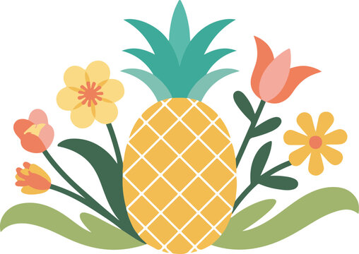 Minimal tropical pineapple with decorative flowers leaves and heart flat vector illustration isolated on white background