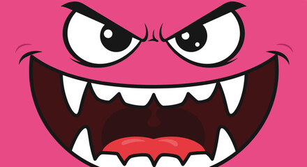 Close up of a scary pink monster face with big angry eyes and a mouth full of sharp white teeth for fun halloween and creature design projects.
