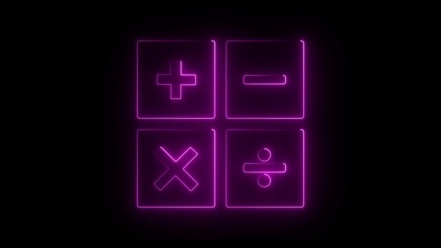 Neon glowing  pink color calculator math symbols on black background for digital display. 4k animation video..