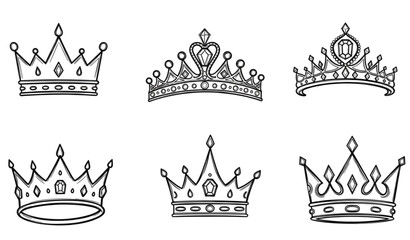 A set of six black and white crown illustrations in various designs © Lupna