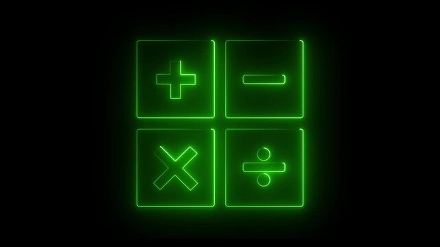 Neon glowing  green color calculator math symbols on black background for digital display. 4k animation video..