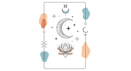 Mystical tarot card design featuring a crescent moon, blooming lotus flower, stars, and abstract pastel shapes.