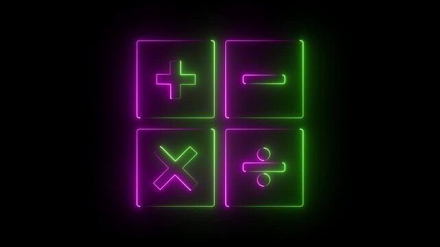 Neon glowing green and violet color calculator math symbols on black background for digital display. 4k animation video..