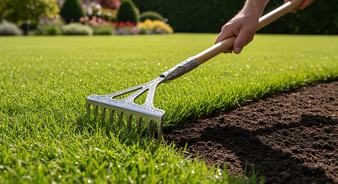 Gardener landscaping a lush garden using a decorative metal tool to groom and edge vibrant emerald turf against rich fertile soil border for professional backyard maintenance outdoors.