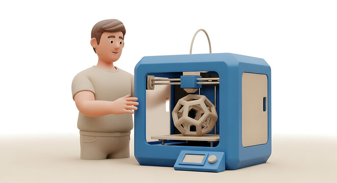 A cartoon 3D printer and man examining a finished model.