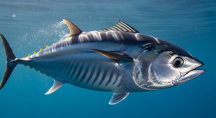 Obraz premium Close up of a swimming tuna fish in clear blue ocean water