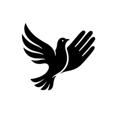 Obraz premium Peace and Humanity Symbol A minimalist black and white vector icon creatively combining a flying dove with a human hand palm, representing peace, freedom, and global harmony