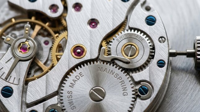 Intricate Swiss Made Watch Mainspring Winding Mechanism Gears in Close Up Detail