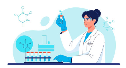 Female scientist in lab coat and gloves examining test tube with liquid, science research concept