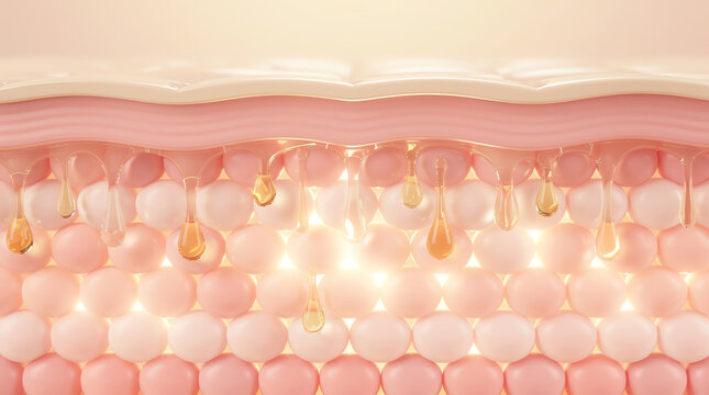 Close-up of human skin layers showing collagen and elastin fibers with glowing particles, illustrating skin hydration and rejuvenation in a soft pink and beige color palette