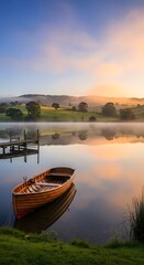 Obraz premium Serene lake scene with wooden boat.