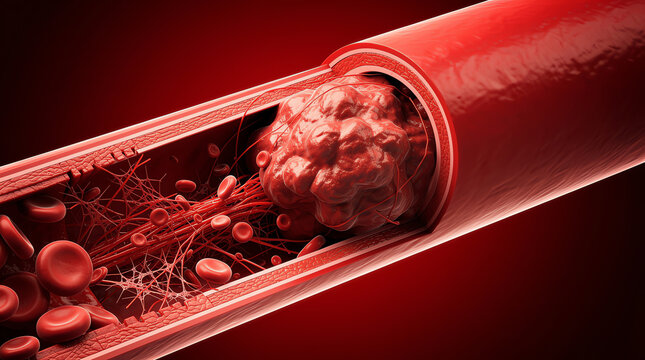 3D illustration of a blood clot inside a blood vessel, showing red blood cells and fibrin strands blocking blood flow