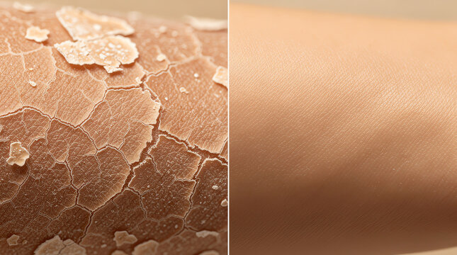 Close-up of dry, flaky skin on the left contrasted with smooth, healthy skin on the right, highlighting skin condition improvement or skincare treatment effects