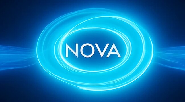 Glowing bright blue logo of the word NOVA encircled by light swirls