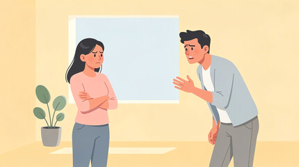 Fototapeta premium A man and woman are having a tense argument indoors, with the woman crossing her arms and the man gesturing as he speaks, showing frustration and disagreement