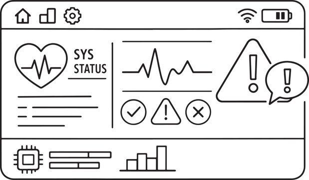 System status icons on a computer screen display  sys status  warning signs