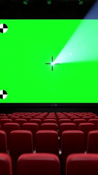 Green Screen beautiful wide in cinema hall moving through over the seats 3d animation with lights and tracking points art technology concept 4k ultra hd 3840x2160 scene 4 distortion, overlay, glitch