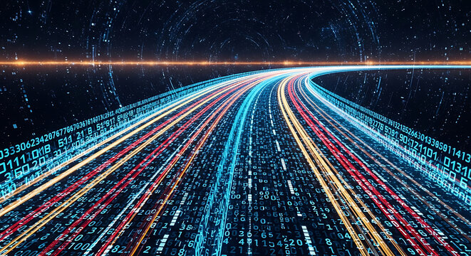 Futuristic digital highway constructed from glowing blue binary numbers and mathematical symbols with vibrant light trails representing rapid vehicular motion in a high-speed data network.