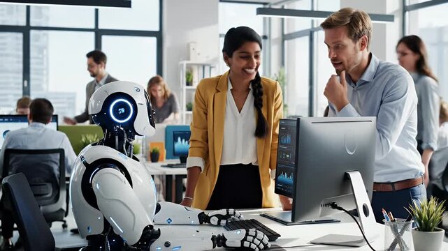 Robot interacts with colleagues at a modern office desk