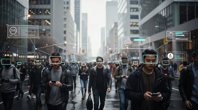 Crowd of people walking through a city street, with digital facial recognition overlays highlighting their faces, symbolizing surveillance and data tracking technology