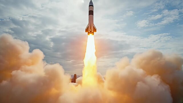 Powerful rocket launching into the sky with bright flames and billowing smoke