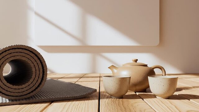 Rolled yoga mat and tea set on wooden floor, sunlit wall